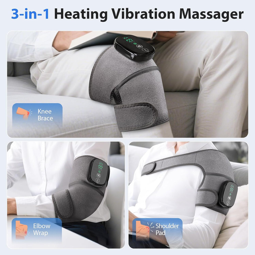 Heated Knee Massager, Foot Massager with Heat, Shoulder Massagers with Heat, Knees Warmers Wrap, 3-In-1 Vibration Heating Pad for Knee, Shoulder, and Elbow, Adjustable Size (Grey)