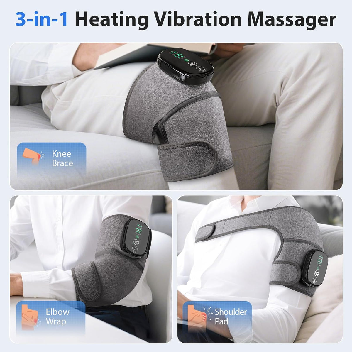 Heated Knee Massager, Foot Massager with Heat, Shoulder Massagers with Heat, Knees Warmers Wrap, 3-In-1 Vibration Heating Pad for Knee, Shoulder, and Elbow, Adjustable Size (Grey)