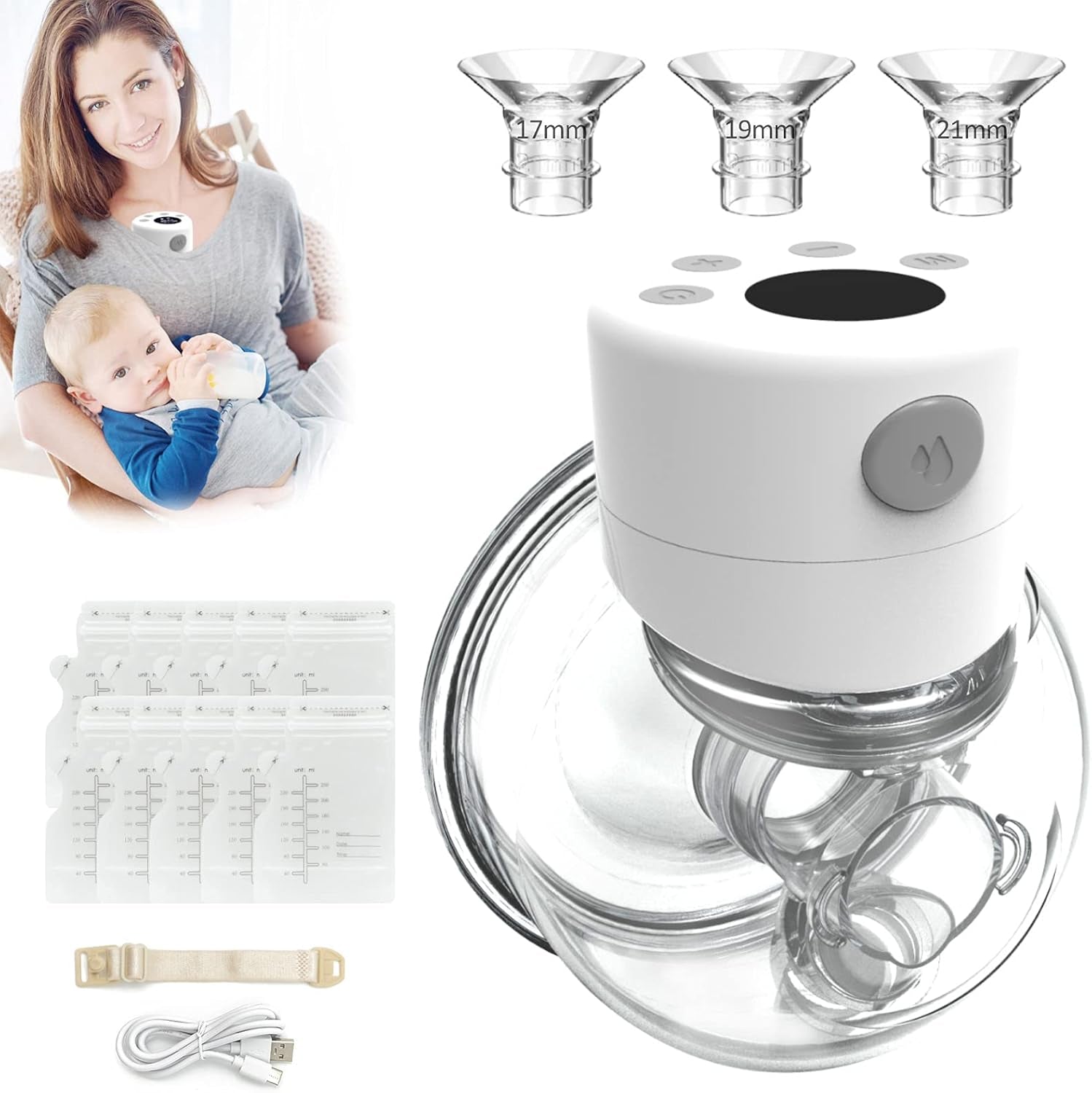 Electric Wearable Breast Pump, Hands Free Electric Breast Pump, Portable Breastfeeding Can Be Worn In-Bra, Spill-Proof Ultra-Quiet Pain Free, 2 Mode & 9 Levels, LCD Display - 17/19/21/24Mm