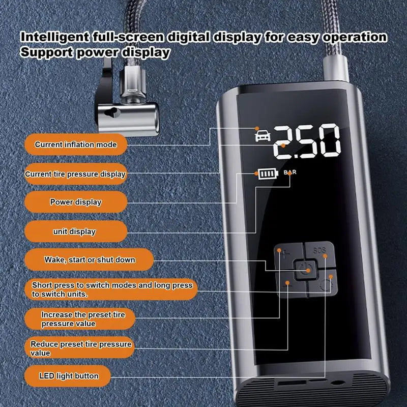 Electric Air Compressor Portable Tire Inflator Digital Automobiles Tire Pump LED Lighting Design Precise Inflation Outdoor Use