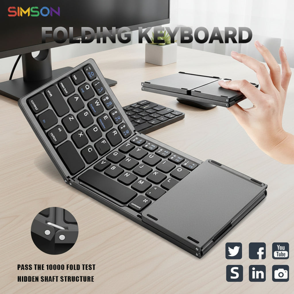 B033 Mini Wireless Keyboard Bluetooth Touchpad Portable Magnetic Triple Folding Keyboard for Windows Android IOS Ipad Phone