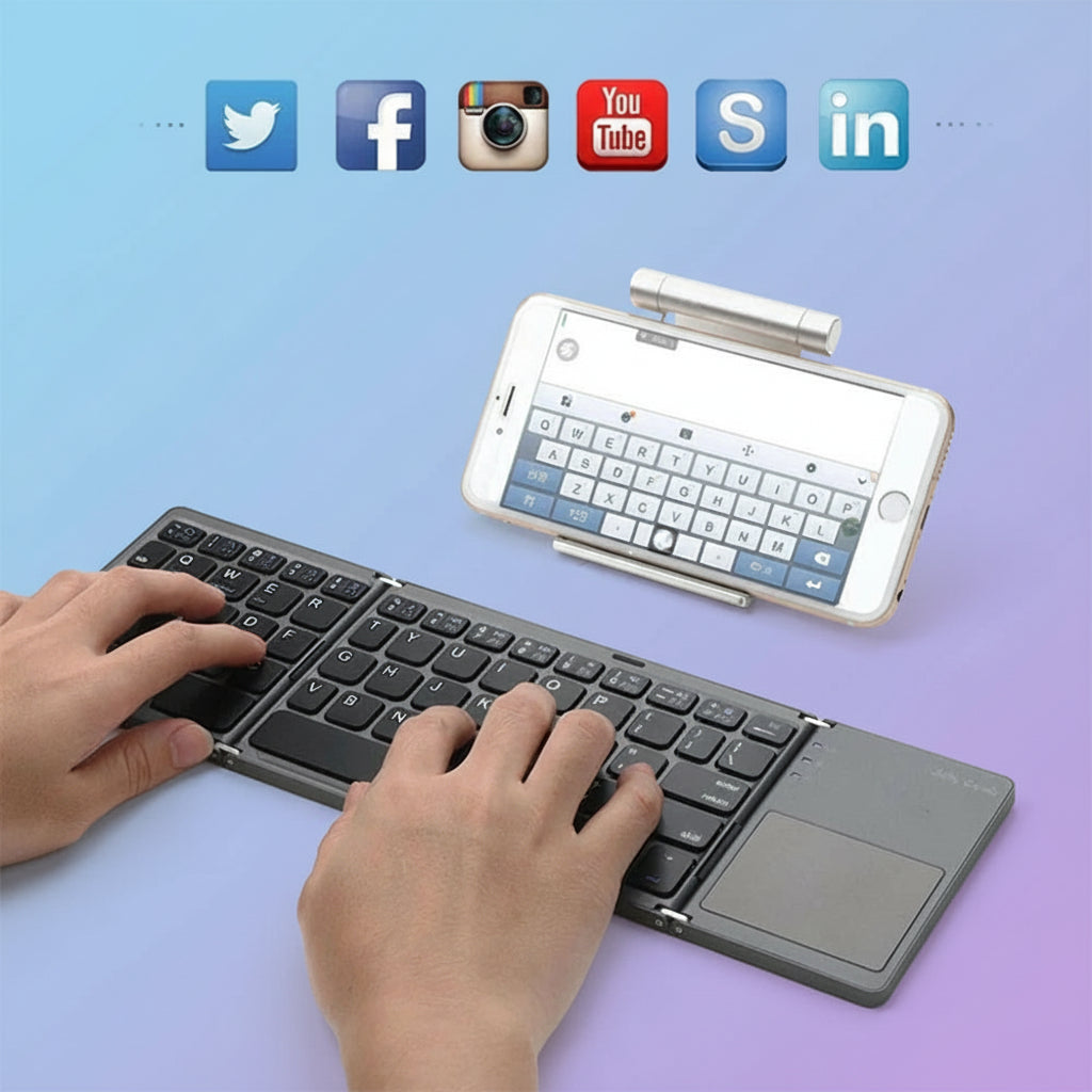 B033 Mini Wireless Keyboard Bluetooth Touchpad Portable Magnetic Triple Folding Keyboard for Windows Android IOS Ipad Phone